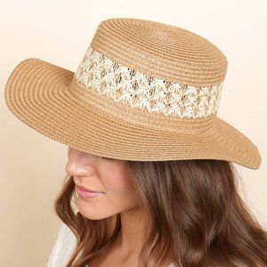 NEW Natural Tan Mix Contrast Weaved  Straw Wide Brim Panama Floppy Beach Sun Hat